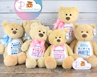 Personalised Embroidered Teddy Bear, Custom Baby Birth Announcement Gift
