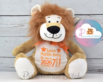 Lion d’ours en peluche personnalisé, Teddies brodées, cadeau personnalisé, Animal en peluche, Cadeau d’anniversaire de bébé, cadeau d’annonce de naissance, Mumbles