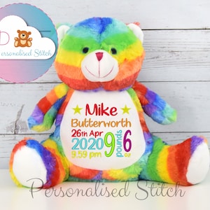 Personalisierte Baby Teddybär personalisierte gefüllte Tier Regenbogen Baby Teddies Geburtstagsgeschenk neue Baby Geschenk Geburt Teddy Plushie Geburt Teddy