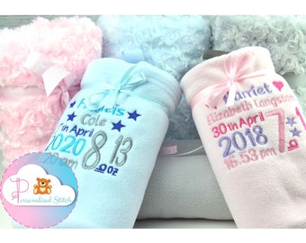 Personalised Baby Fleece Embroidered Blanket New Birth Name Date Gift Keepsake 