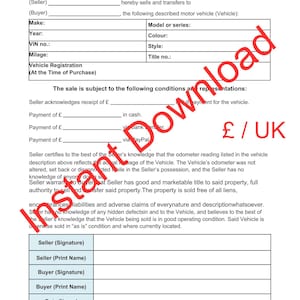 May include: A Motor Vehicle Bill of Sale document, detailing vehicle information, seller and buyer details, and conditions of sale. Includes spaces for signatures and the date.