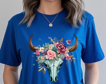 Floral Bull Skull T-Shirt | Kuh Totenkopf mit Rosen Shirt