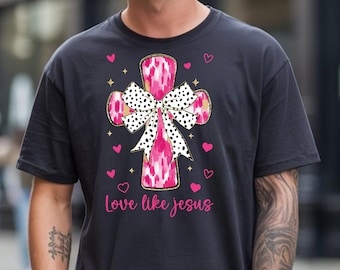 Christliche Liebe wie Jesus Pink Cross Bow T-Shirt, religiöses Damenhemd, vom Glauben inspiriertes Kleid mit Polka Dot-Design und Script-Nachricht