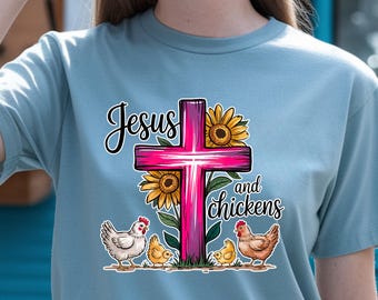 Jesus und Hühner T-Shirt | Kreuz, Sonnenblume, Bauernhofhühner