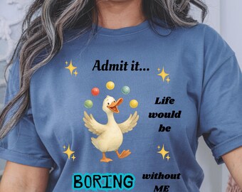 Schrulliges Juggling Duck Graphic Tee mit frechem Slogan aus stückgefärbter US-Baumwolle für die Freizeitkleidung