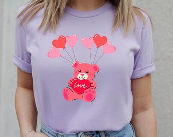 Rosa Teddybär mit Herz Ballons T-Shirt | Love Bear Valentinstag Shirt