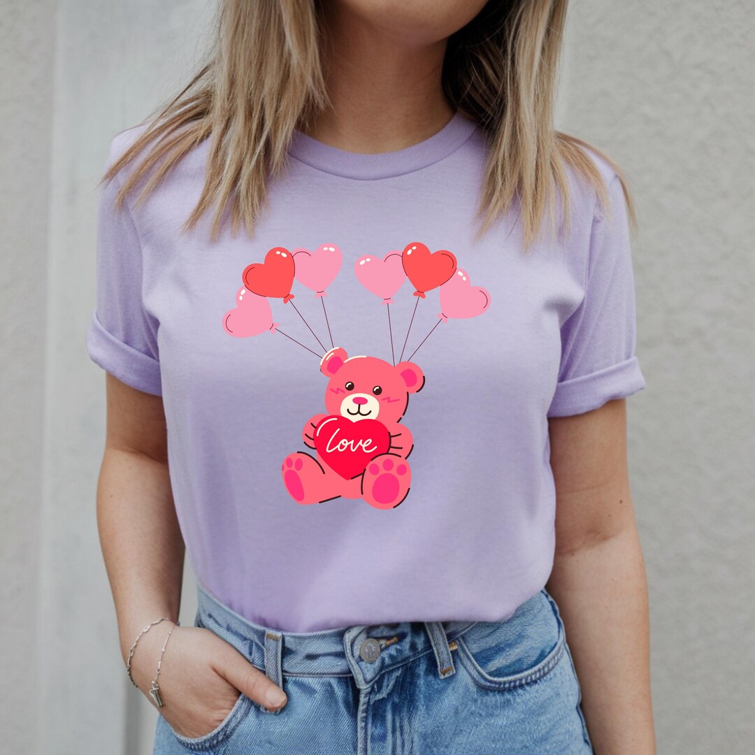 Pink Teddy Bear With Heart Balloons T-shirt | Love Bear Valentine Shirt ...