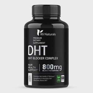 May include: A black supplement bottle with a black cap. The label reads "Rii Naturals DHT Blocker Complex" with "800mg" and "60 Capsules". The label also states "Hair Health Support" and "Premium Dietary Supplement".