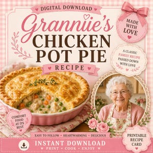 May include: A digital download recipe card for Grannie's Chicken Pot Pie. The image features a baked pot pie in a pink dish, with text that reads "Comfort Food at its Best." The recipe card also includes a photo of a smiling woman and the words "Made with Love."