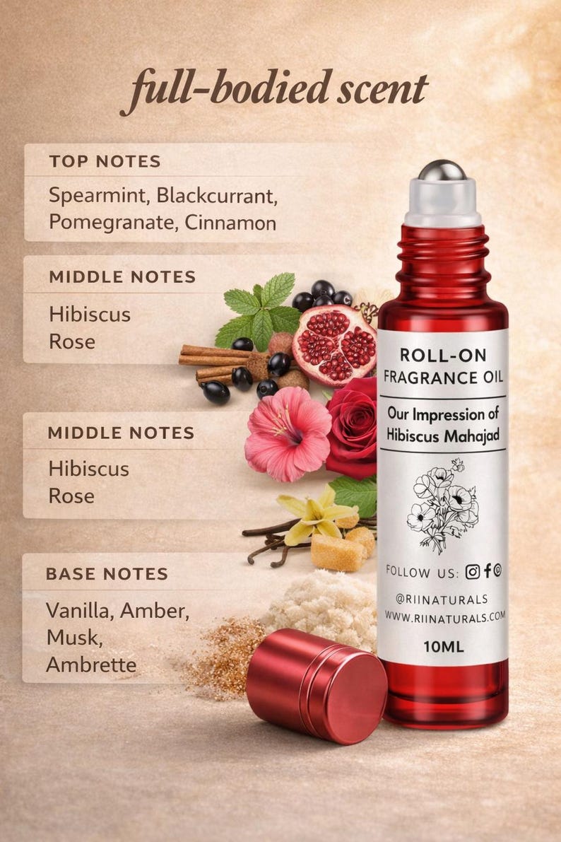 Puede incluir: Botella de aceite de perfume roll-on roja con tapa plateada, etiquetada como "Our Impression of Hibiscus Mahajad". La imagen incluye ingredientes como menta, hibisco y vainilla. La botella es de 10 ml.