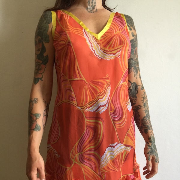 Vintage orange floral sheer chiffon beach cover  v neck sleeveless dress with ruffles