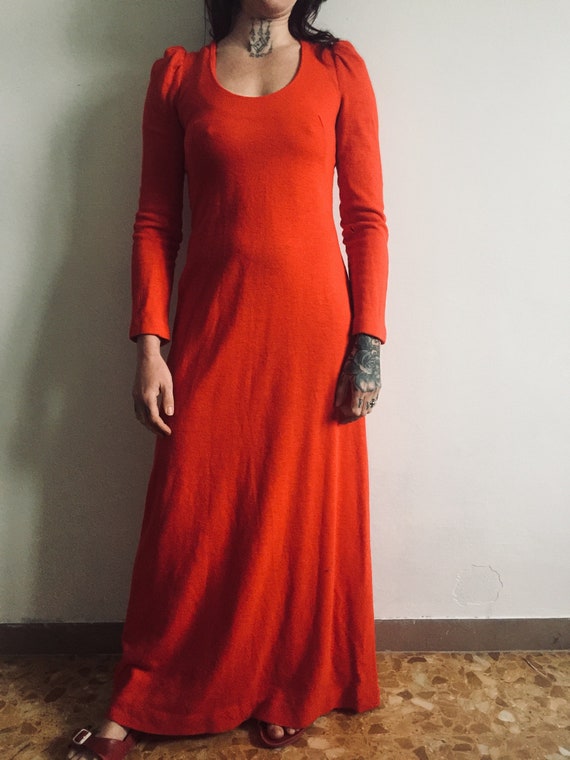 Red knitted long dress. 60s/70s British Lee Bender