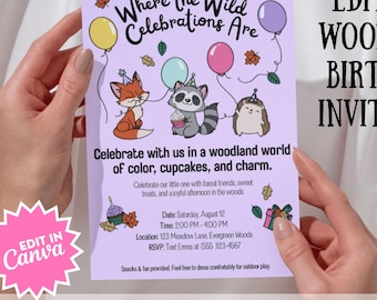 May include: A lavender woodland birthday invitation with the text "Where the Wild Celebrations Are." The invitation features illustrations of a fox, raccoon, and hedgehog with balloons and the text "Edit in Canva."