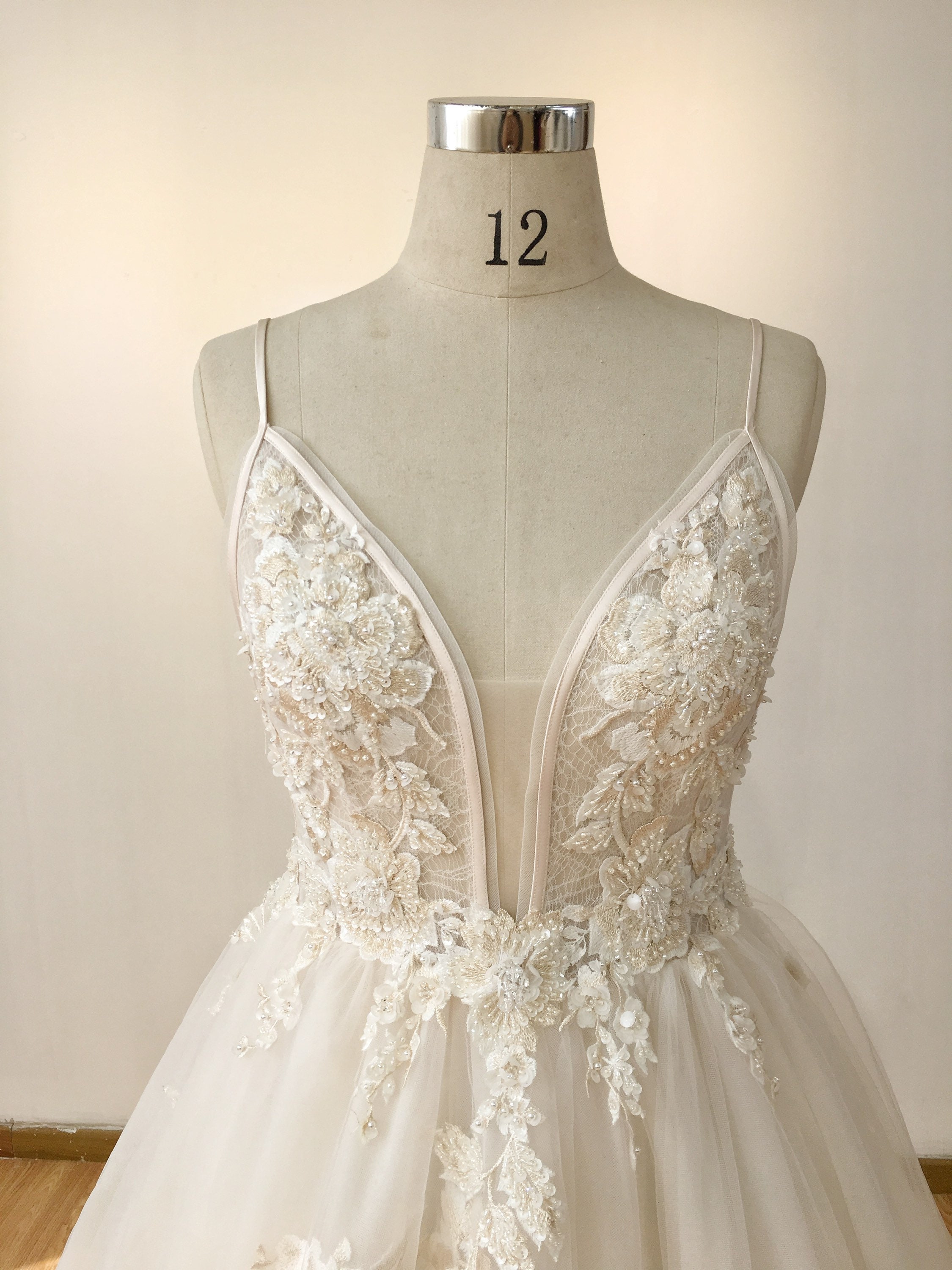 Floral Tulle A-Line Spaghetti Straps Wedding Dress TY15 16 / Off-White