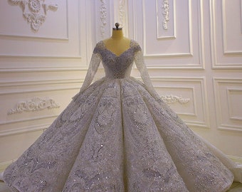 Custom-made white luxurycrystal beaded lace appliqué embroidery long sleeve Vneck shimmering puffy skirt royal ballgown fairy wedding dress