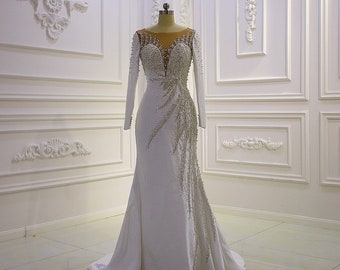 Custom-made luxury beaded long sleeve satin sheath trumpet wedding dress