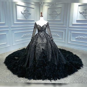 Luxury 3D lace appliqué embroidery long sleeve black color royal ballgown black swan fairy wedding dress with feather train