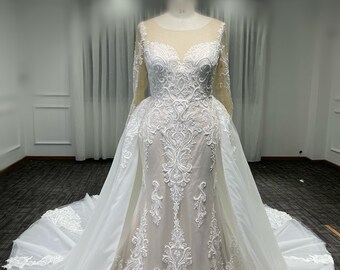 Custom-made champagne or white color 2 in 1 long sleeve 3D lace mermaid wedding dress with detachable skirt