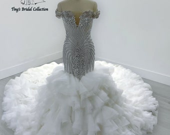 Custom-made Luxury crystal and pearl beaded sparkling off the shoulder Deep V mermaid wedding dress with long ruffles skirt