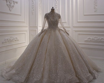 Luxury beading champagne sparkling long sleeve with high neck princess ballgown royal wedding dress with cathedral train
