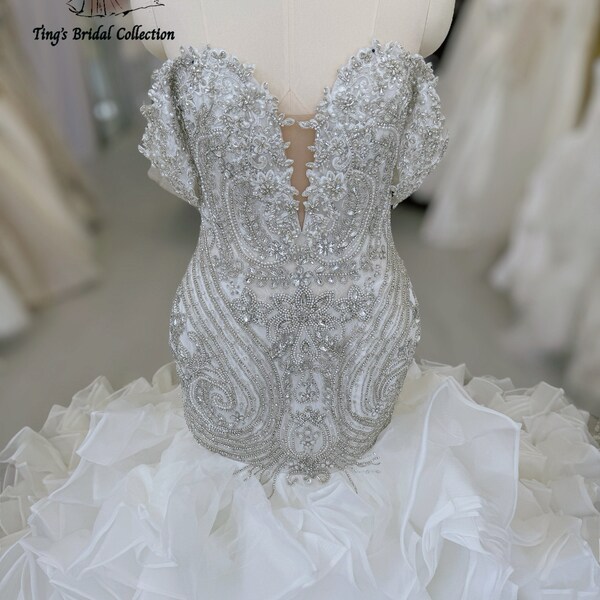 Custom-made handmade fully crystal beaded sparkling off the shoulder with Deep V mermiad royal wedding dress with ruffles skirt