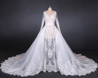 Sale！White luxury lace embroidery long sleeve sexy sheath wedding dress with detachable skirt and illusion back