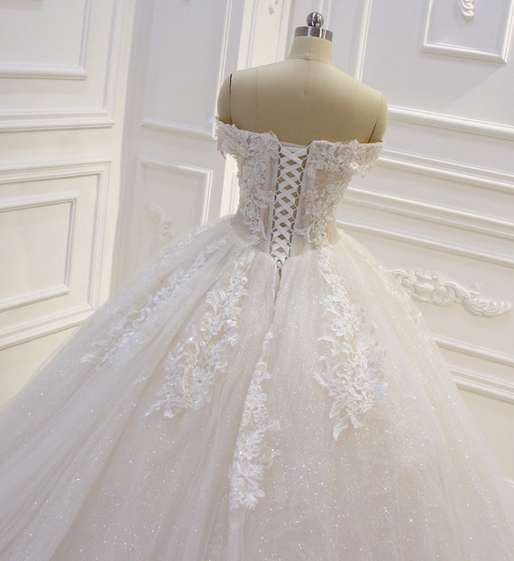 Ivory Floral Appliqued Champagne Off Shoulder Wedding Gowns Court