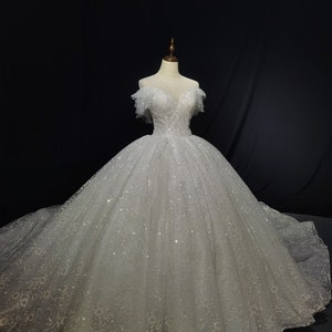 luxury shimmering lace off the shoulder with ruffles neckline princess ballgown fairy wedding dress