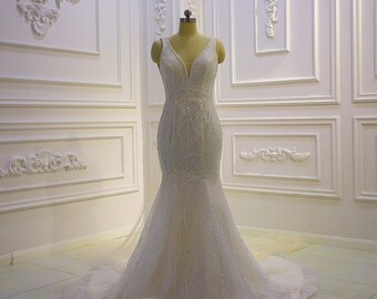 Sale! Custom-made champagne cream luxury beading sleeveless deep V with low back bling sheath mermaid wedding dress