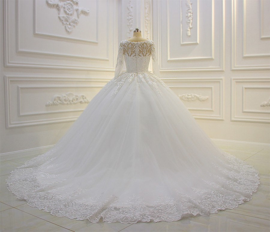 black lace applique wedding dresses ball gown long sleeve v neck vinta –  inspirationalbridal