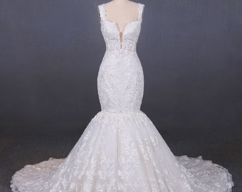 Custom-made white off the shoulder or strap lace mermaid wedding dress, white lace sheath wedding dress with Deep V