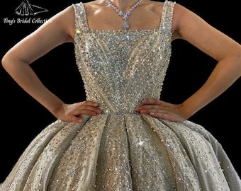 Luxury beading sparkling square neckline royal wedding dress with cathedral train