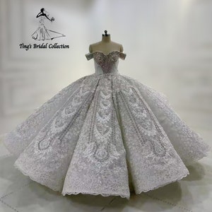 Luxury crystal beaded lace embroidery shimmering off the shoulder fairy princess ballgown royal wedding dress with puffy skirt