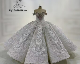 Luxury crystal beaded lace embroidery shimmering off the shoulder fairy princess ballgown royal wedding dress with puffy skirt