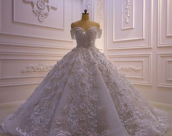 Luxury beading lace appliqué embroidery off the shoulder white royal princess ballgown floral fairy wedding dress