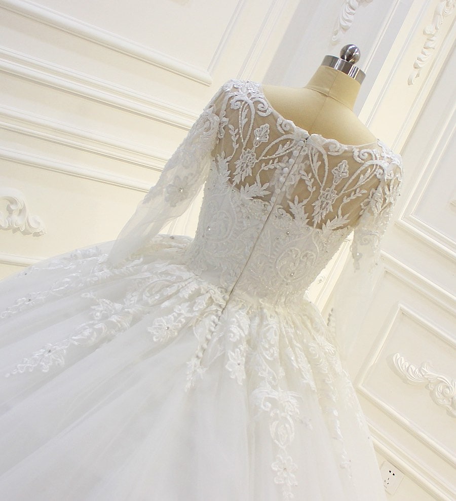black lace applique wedding dresses ball gown long sleeve v neck vinta –  inspirationalbridal