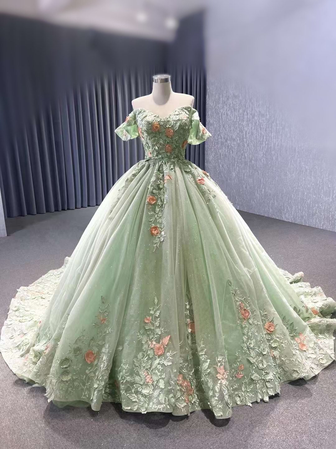 Custommade Green off the Shoulder Floral Princess Fairy Ballgown Dress for Quinceanera&sweet 16