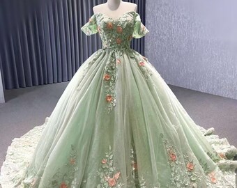 Custom-made green off the shoulder floral princess fairy ballgown dress for Quinceanera&Sweet 16/ Formal event gown/prom dress