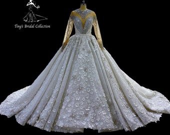 Sale!Luxury 2in1 crystal beaded with 3D floral appliqué long sleeve sparkling princess fairy royal ballgown and mermaid in one wedding dress