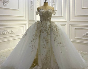Sale! Luxury beading lace embroidered 2 in 1 off the shoulder mermaid royal wedding dress with detachable skirt