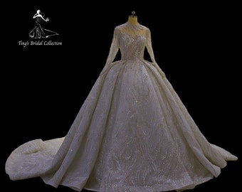 Luxury crystal beaded ivory shimmering high neck long sleeve vintage royal ballgown wedding dress