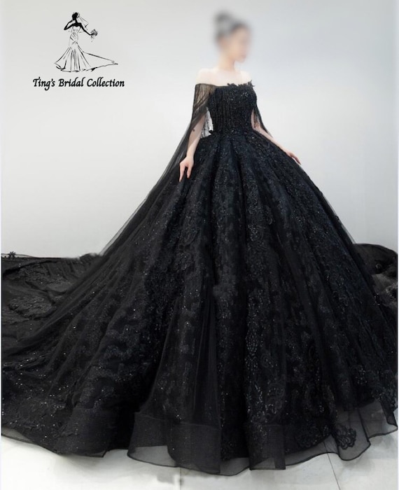 Long Sleeves Black Wedding Dress Gothic Off Shoulder V-neck Tiered Ski –  MyChicDress