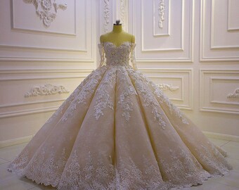 Luxury champagne cream off the shoulder long sleeve floral princess ballgown fairy wedding dress with sweetheart