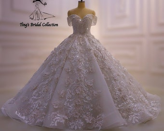 Luxury beading lace appliqué embroidery off the shoulder white royal princess ballgown floral fairy wedding dress