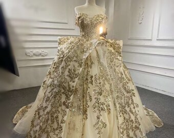 Sale! Custom-made gold color off the shoulder princess ballgown royal wedding dress/Quinceanera/Sweet 16 /formal event dress/