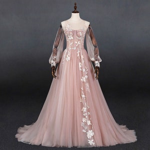 Sale! Custom-made blush Aline tulle floral wedding dress with long puffy sleeve.