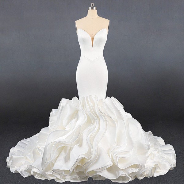 Custom-made Luxury ivory satin strapless Deep V mermaid/sheath wedding dress with ruffles skirt