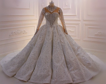 Custom-made size luxury crystal beaded lace appliqué embroidery long sleeve shimmering and glamour royal ballgown wedding dress