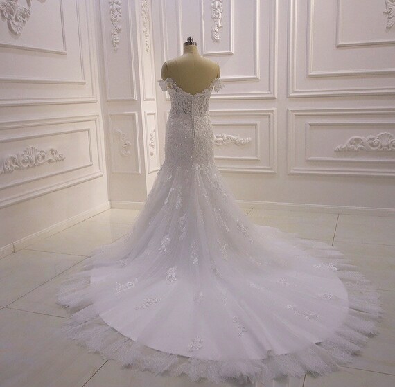 Vestido de novia blanco de corte sirena vestido de encaje con