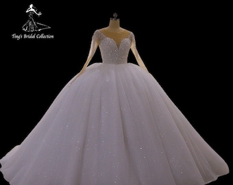 Sale! Custom-made luxury beading sparkling long sleeve with sweetheart princess ballgown wedding dress